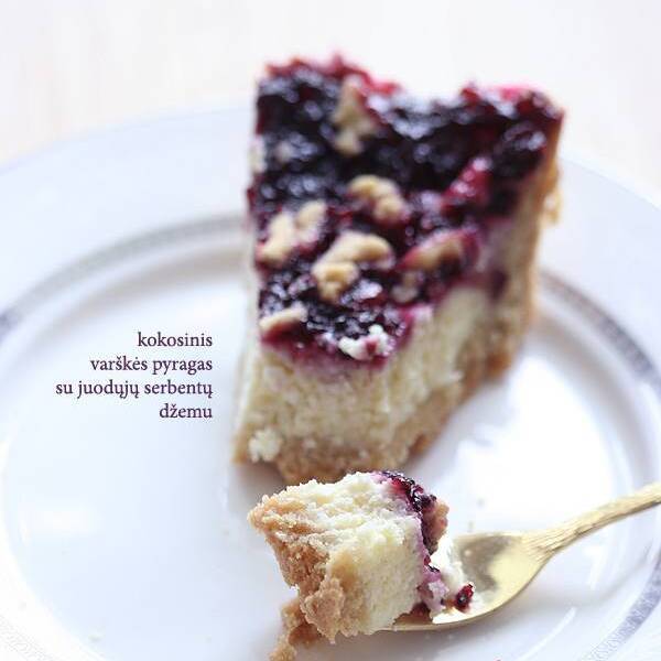 Simple but gorgeous coconut cheesecake with black currant jam